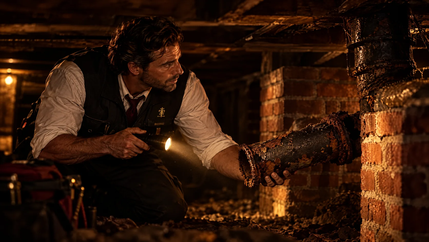 Plumber with a flashlight in the crawlspace under an older Jacksonville home, holding a section of rusted cast iron drain pipe beside brick piers