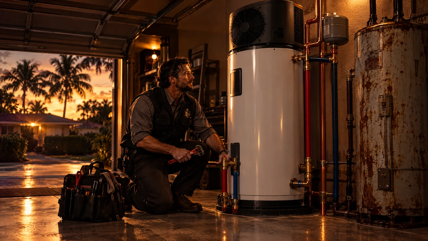 Plumber in a dark vest with a gold crest kneeling beside a new tall white heat pump water heater in a Florida garage at dusk, an old rusted tank water heater standing beside it