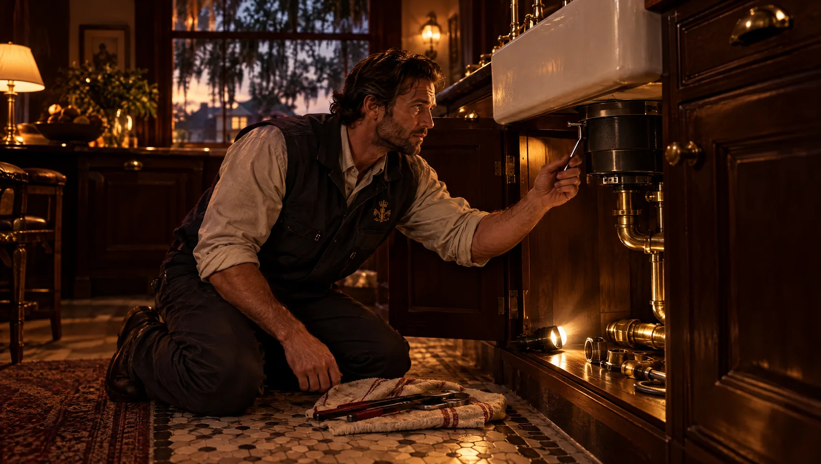A plumber in a dark vest kneels at an open under-sink cabinet in a lamp-lit older Jacksonville kitchen, reaching a hex wrench up into the bottom of a garbage disposal under a white farmhouse sink, a flashlight and tongs on the tile floor