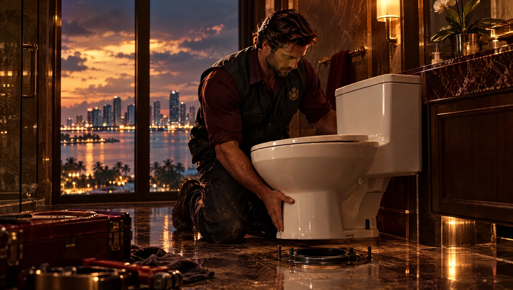 A plumber in a dark vest kneels on a marble bathroom floor in a Miami condo, lowering a new white toilet onto the floor flange, with the bay and the skyline lit up at dusk through the window