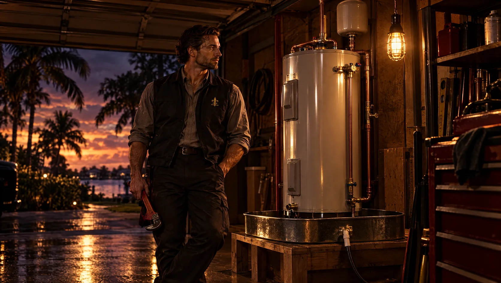 Plumber in a Florida garage beside a new tank water heater set on a raised platform inside a drain pan, the garage door open to a dusk sky