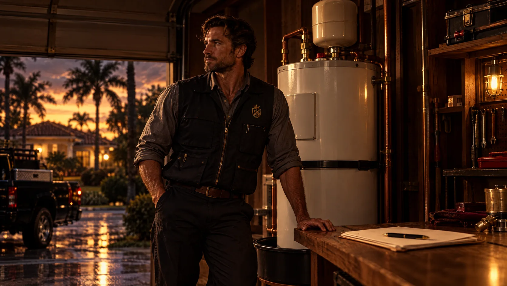 A plumber in a dark vest stands beside a new white tank water heater with an expansion tank above it in a South Florida garage at dusk, blank paperwork and a pen on the workbench, the garage door open to a palm-lined street